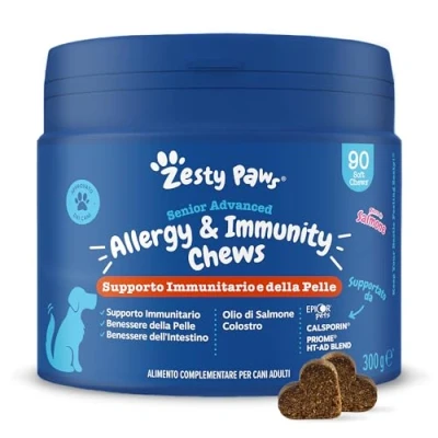 Immagine di Zesty Paws Sr. Allergia e immunità Chews Integratore per cani Pelle Sistema Immunitario Olio di Salmone Alimento Complementare Anziani Gusto 90 Pezzi