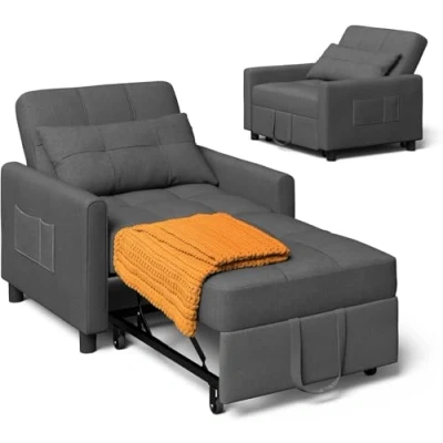 Immagine di Xbro sedia a letto 3 in 1, poltrona trasformabile, con funzione letto, divano regolabile cuscino e tasca laterale, sonno per piccolo appartamento (grigio scuro)