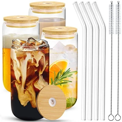 Immagine di Lutranstra Set Di 4 bicchiere Vetro con Cannuccia, Coperchio E 460 Ml cannuccia (4)