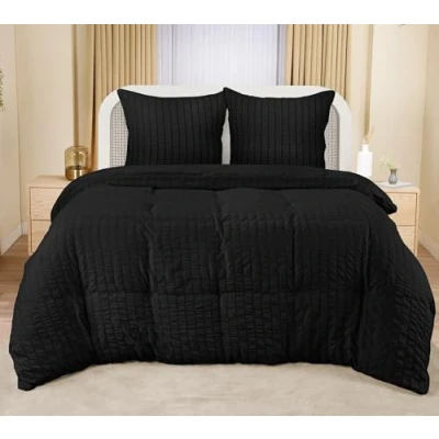 Immagine di Utopia Bedding Seersucker Copripiumino Una Piazza e Mezza Microfibra 200x200cm + Federe 80x80cm Nero