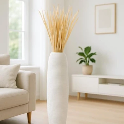 Immagine di Leewadee Grande Vaso Da Terra: Alto Stile Boho In Legno Di Mango Per Rami Pampa, 90 cm, Bianco