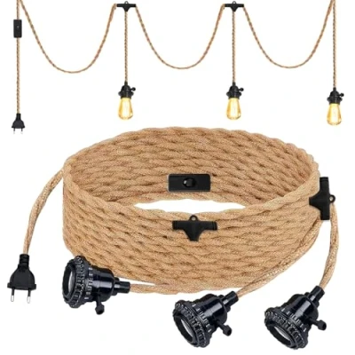Immagine di Hanging Kit di Lampade In Corda Canapa, Portalampada E27 con Spina E Interruttore, 6.8 m Testa Singola Lampada a Sospensione Cavo Edison Retrò Lampada, 3 Senza Lampadina