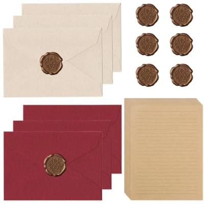 Immagine di 22 pezzi di carta da lettere vintage, set 6 buste in lino e sigilli cera, 10 A5, kraft, per compleanno, inviti nozze