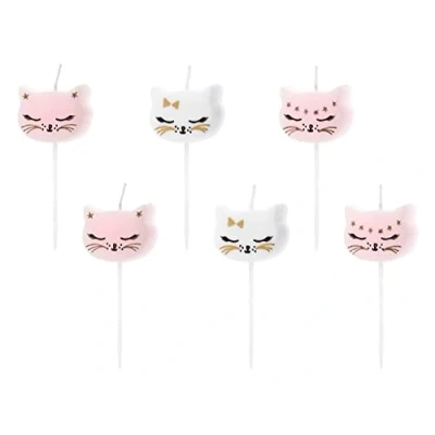 Immagine di PartyDeco Cond.6 Candeline Picks Sagomate Gattino Bianche e Rosa, 6 unità