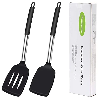Immagine di Spatola in silicone, resistente al calore, con fessura, senza BPA, lavabile lavastoviglie, colore nero, utensili da cucina, per cucinare