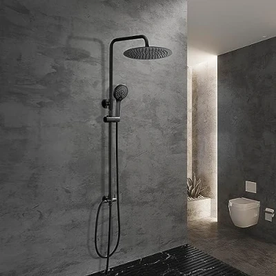Immagine di Görbach Colonna Doccia idromassaggio Sistema Nero in INOX 304 Soffione Senza Miscelatore Set a pioggia con Doccetta e D25cm