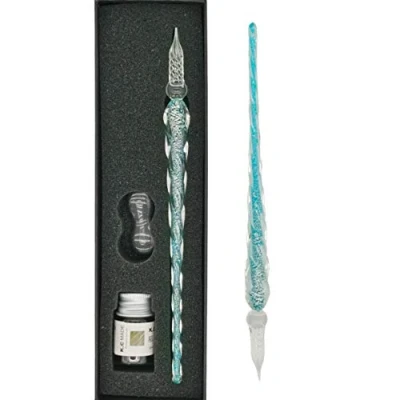Immagine di EACHHAHA Set di penne a immersione in vetro e inchiostro con supporto per biglietti auguri, cartoline, penna immersione, arte, scrittura, firme (argento verde)…