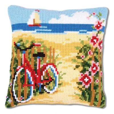 Immagine di Kit per Punto Croce Cuscino Bicicletta sulla Spiaggia, Stick Immagine vorgezeichnet Cuscino, vorbeze ichnet, Cotone, Multicolore, 40 x 0,3 cm