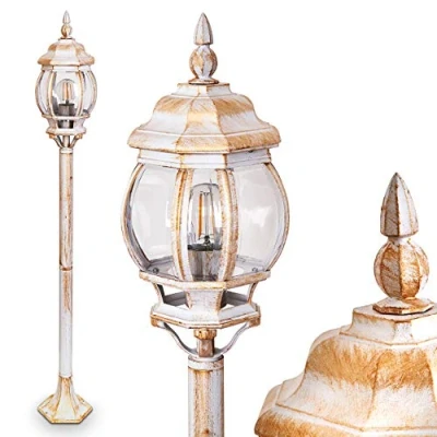 Immagine di lampada da esterno Lentua, luce di percorso in stile antico, fusione alluminio bianco/oro, terra 120 cm, giardino retrò/vintage, attacco E27, IP44, senza lampadina/e