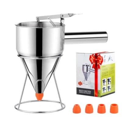 Immagine di dispenser per pastella pancake, torte a imbuto multi calibro, in acciaio inox, con supporto, ideale cupcake o qualsiasi prodotto da forno