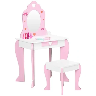 Immagine di ZONEKIZ Set Tavolo Trucco con Sgabello e Specchio Cassetto in Legno MDF per Bambini da 3 6 Anni, Bianco Rosa