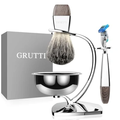 Immagine di Set da barba GRUTTI, rasoio cromato di lusso e portaspazzolino con portasapone Pennello in sicurezza compatibile Fusion 5