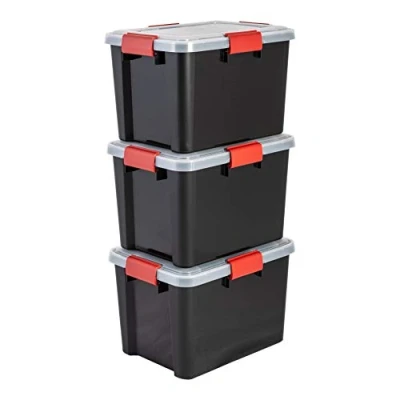 Immagine di Iris Ohyama, Scatole Portaoggetti Ermetiche in Plastica, 20L, Set di 3, Nero, Coperchio Impermeabile, con Chiusura, Impilabile, Per Esterni, Garage, Vestiti, Antipolvere, Senza BPA, AT SD
