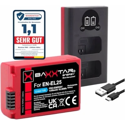 Immagine di Baxxtar Pro Batteria EN EL25 (1350mAh) con sensore NTC attivo Mini LCD DUAL Charger (USB C/MicroUSB) compatibile Nikon Z30 Z50 Z fc