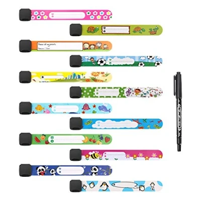 Immagine di Vicloon Braccialetti Bambini Sicurezza, 12 Pezzi Identificativi e Penna Non Sbiadita, Anti Perso Antismarrimento Impermeabile Riutilizzabile per Ragazzi
