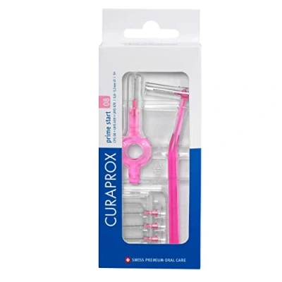 Immagine di Curaprox Interdentalbürsten Set CPS 08 prime start, Starterset mit 5 Bürsten, 2 verschiedene Halter, pink, 0.8 mm Durchmesser, 3.2 Wirksamkeit