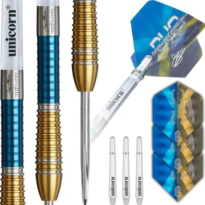 Immagine di Unicorn Set di freccette Duo Phase 6 Gary &#039;The Flying Scotsman&#039; Anderson corpo in tungsteno al 90% con rivestimento titanio bicolore blu e oro alette ultrafly durevoli punte acciaio 22