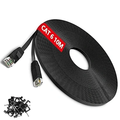 Immagine di TBMax 10m Cavo Ethernet Cat 6 di Rete ad alta velocità 1000 Mbps 250MHz RJ45 Gigabit Lan Piatto Internet per Modem, PC, Router, Nero(10Metri)
