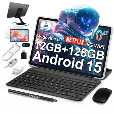 Immagine di TECLAST P30T Android 14 Tablet 10.1 Pollici, 12GB RAM+128GB ROM(TF 4TB), 2GHz T606 Octa Core, Widevine L1/GPS/BT5/Type C/6000mAh/Tablet con Custodia+Tastiera+Penna+3.5mm Auricolari, 10 Accessori 2024