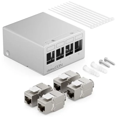 Immagine di deleyCON Patch Panel 4 Porte Set Sezionatore 1RU + Moduli Keystone Jack RJ45 STP CAT6a Compatibile con Cavo di Installazione CAT5 CAT6 CAT7 Rete Ethernet LAN DSL Grigio
