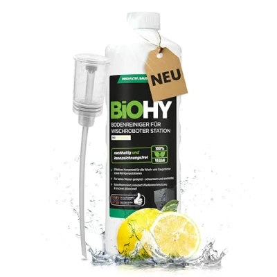 Immagine di BiOHY detergente per pavimenti robot, stazione con profumo fresco (flacone da 1 litro) + dosatore, concentrato tutti i robot pulitore e aspirapolvere funzione bagnata, braccio