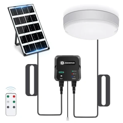 Immagine di Aigostar Plafoniera LED Solare Esterno Interni con Telecomando, Scatola di accumulo energia, 35W, IP65 Impermeabile, Regolabile 6500K, Cavo 8M, Interruttore a Cordino