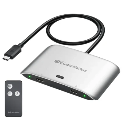Immagine di Cable Matters Switch USB4 USB C da 20 Gbps per 2 computer, supporto 8K@30Hz, 5K@60Hz e 4K@144Hz, 140W PD, condividere un monitor o Thunderbolt 4 una docking station