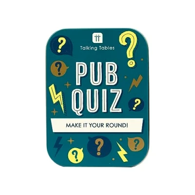 Immagine di Talking Tables Gioco da viaggio con quiz pub, formato tascabile, per la famiglia giocare in o a casa, confezionato una scatola di latta regalo, Babbo Natale segreto riempitivo