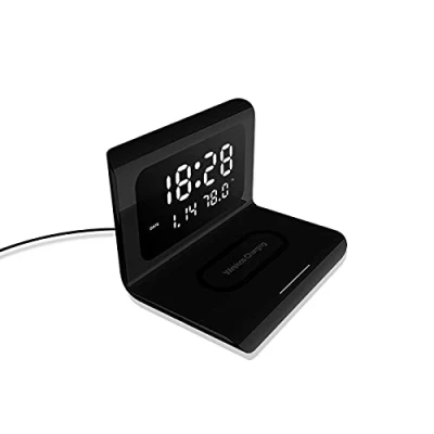 Immagine di Wincal Caricabatterie Wireless per Sveglia, Orologio Digitale con Display a LED, Temperatura del Calendario della Data (Nero)