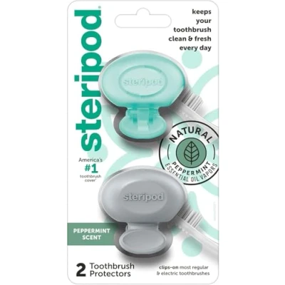 Immagine di Steripod Protezione per spazzolino da denti con oli essenziali di menta piperita, mantiene lo fresco e pulito, si adatta alla maggior parte degli spazzolini manuali ed elettrici, 2 conteggi