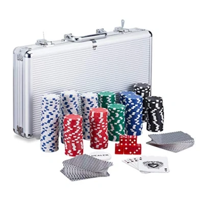 Immagine di Relaxdays Poker Set, 300 Fiche, 2 Mazzi di carte, 5 Dadi, Dealer Button, Valigetta in Alluminio richiudibile, argento