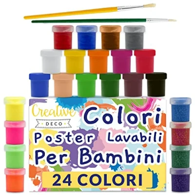 Immagine di Creative Deco Tempere Lavabili per Bambini e Dipingere 24x20 ml Set Colori a Dita Bottiglie Multicolore Pittura Base Fluorescenti Glitter Metallizzati Neon Principianti Artisti
