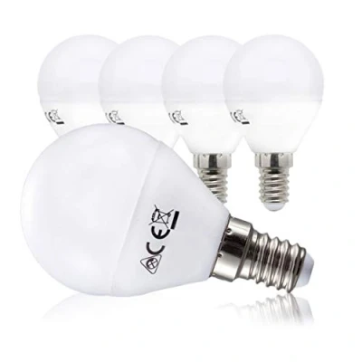 Immagine di Lampadine LED luce calda con attacco E14 (piccolo), 5W equivalenti a 40 W, 470 Lumen, set di 5, sfera per plafoniere e lampade, illuminazione da interno, 3000K