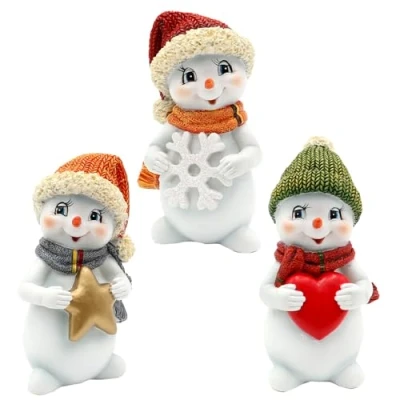 Immagine di Dekohelden24 Set di 3 pupazzi neve con cappello e sciarpa in rosso, verde arancione, piedi stella, fiocco cuore, lunghezza 6 x 5 11 cm