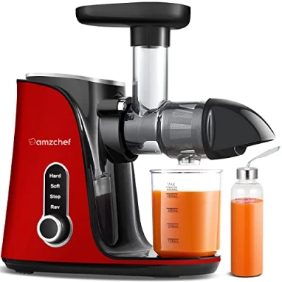 Immagine di AMZCHEF Estrattore Di Succo a Freddo Due Modalità Masticazione con Funzione Inversa che Evita Blocchi Bottiglia Portatile e Tazze Rosso