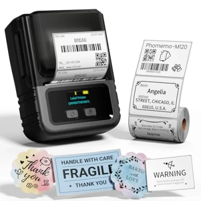 Immagine di Phomemo M120 Stampante per adesivi etichettatrice etichette termica Bluetooth mini wireless codice a barre vendita al dettaglio, QR,cavi, piccole aziende,compatibile con Android e iOS,Nero