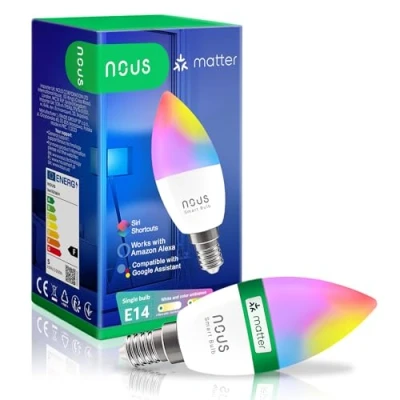 Immagine di NOUS E14 WiFi RGB Matter Led Dimmerabile Lampadina, Compatibile con Alexa, Google, Home Assistant, Tuya Smart Life Luci Colorate Intelligente, Luce Calda fredda naturale, App Telecomando