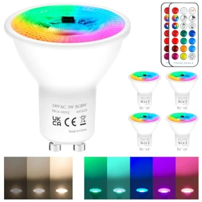Immagine di REYLAX 4pcs Lampadine LED GU10 5W, RGB + Bianco Caldo, Faretti Che Cambiano Colore, 12 Colori 5 Modalità, Attivazione Della Memoria, Regolazione Tramite Telecomando a Infrarossi