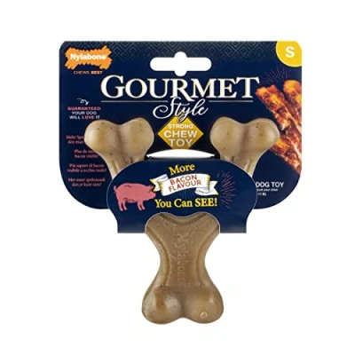 Immagine di Nylabone Maximum Strength Tough Extreme Gourmet Wishbone giocattolo da masticare per cani, infuso con sapore extra di pancetta in tutto l&#039;osso, piccolo, cani 0 a 11 kg, marrone