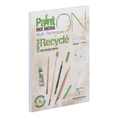 Immagine di Clairefontaine 975741C Blocco incollato con vernice multitecnica 30 fogli di carta da disegno 100% riciclata sulla superficie satinata bianco A4 21 x 29,7 cm, 250 g