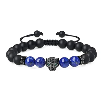 Immagine di COAI Bracciale Regolabile Unisex con Perle di Onice Opaco e Lapislazzuli Amuleto Leopardo