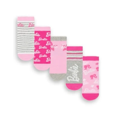 Immagine di Barbie Confezione da 5 calzini per ragazze Calzature grafiche bambole multicolori bambini Pacchetto set di comodi a righe rosa funky alla moda Regalo merchandising della serie