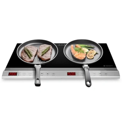 Immagine di Navaris Piastra Induzione Doppia 3500W 240C Piano Cottura 2 Fuochi da Tavolo Fornello Elettrico Doppio Portatile Touch Display LED Nero