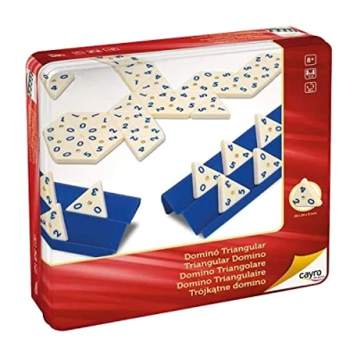 Immagine di Cayro Domino a Partire da 8 Anni Modello Triangolare Gioco Tavolo Educativo per Bambini e Adulti 1 Scatola di Metallo, 56 Pezzi 4 Supporti 2 Giocatori