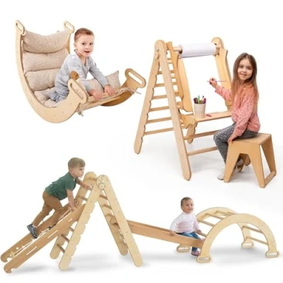 Immagine di 6 in 1 Indoor Climbing Frame for Toddlers Wooden Triangle, Arch &amp; Ramp Net Cushion, Art Addition, Montessori Frame, Kids Gym, Foldable Toys 7 Age