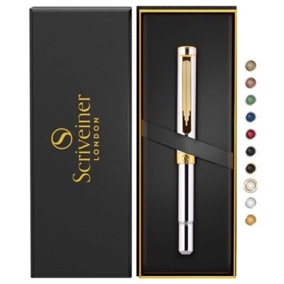 Immagine di Scriveiner Rollerball Cromata Argento di lusso, splendida penna tascabile pesante finitura oro 24 carati, miglior regalo per uomini e donne, ricarica tedesca Schmidt, penne da ufficio design