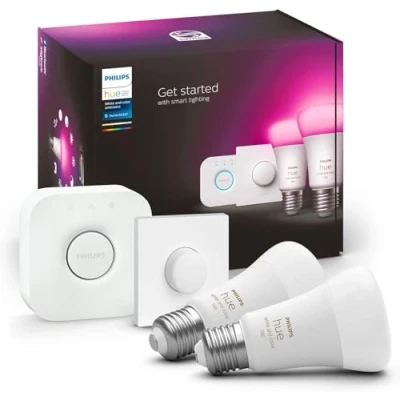 Immagine di Philips Hue White &amp; Color Ambiance Starter Kit 2 Lampadine Smart, Attacco E27, Luce Bianca e Colorata Dimmerabili, 9W, Bridge Telecomando Smart Button inclusi, Bluetooth
