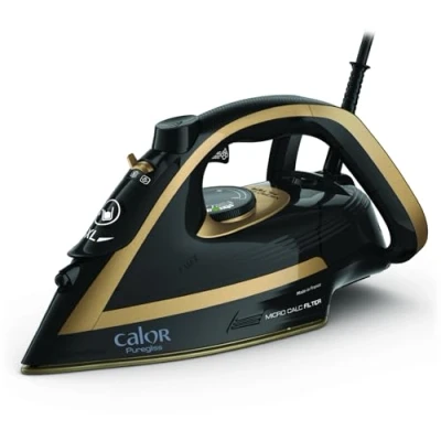 Immagine di Tefal Puregliss Ferro a Vapore, 3000 Watt, Colpo di Vapore 280 g/min, Verticale, Tecnologia Anti Macchie, Spegnimento Automatico, Nero/Oro, FV8064