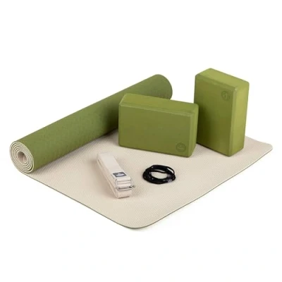 Immagine di Bodhi Set di Base per Yoga Composto da: 1 Tappetino da in TPE, 2 Trucchi Eva (Gomma espanso) e Cinghia Cotone Principianti (Verde Oliva/Sabbia)