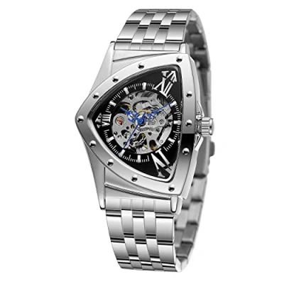 Immagine di FORSINING Orologio da polso uomo, impermeabile fino a 30 m, scheletro, automatico, abbagliante, retrò, triangolare, Argento e nero, scheletro